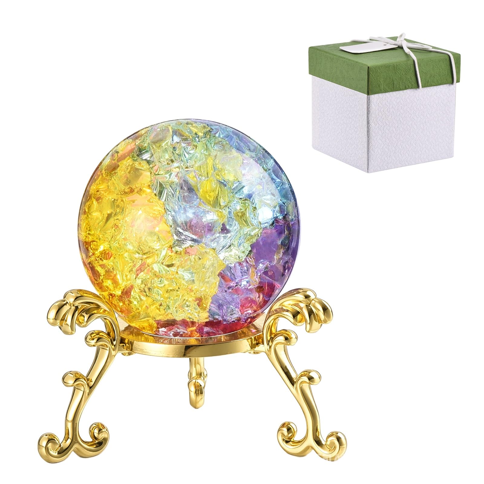 sourcing map 40 mm Round Crystal Sphere with Stand, Crystal Sphere Ice Cracked Decorative Ball Paperweight Gift Box Packaging for Home Decor Ornament Gift Craft Feng Shui Decor, Iridescent
