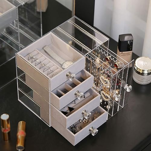 Miniatura 6 de Joyeros para mujer, joyero de acrílico transparente para mujer, con 4 cajones, soporte para aretes colgantes, organizador de joyas para aretes,