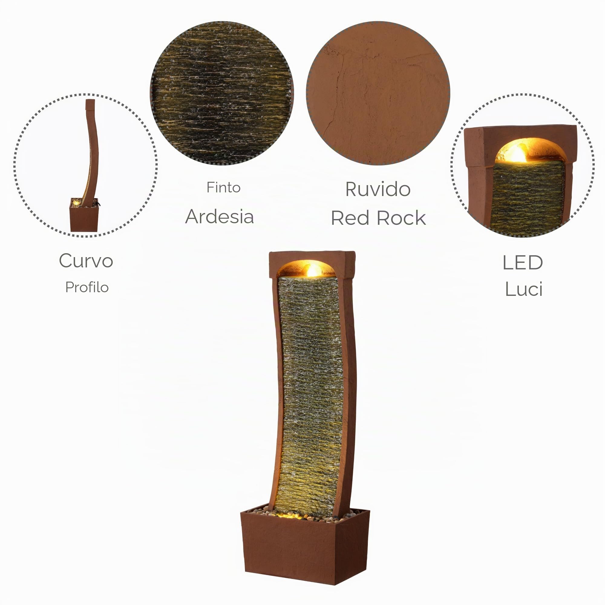 Teamson Home Fontana Curva Moderna LED Ardesia Rossa Per Casa e Giardino