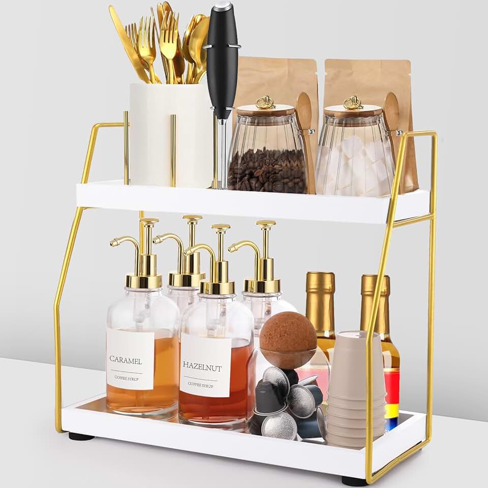 DWTS Coffee Bar Accessories,Coffee Station Organizer with Multi-Functional,CoffeeBar Decor for Accessories,2 Tier Wooden Shelf Gol