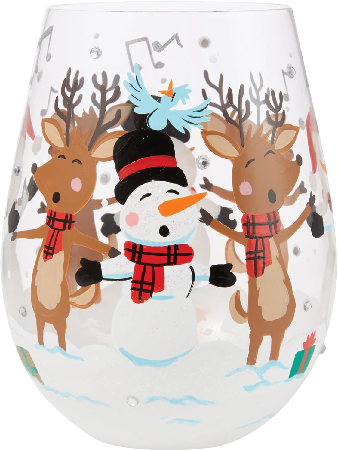 Enesco Lolita Designs Christmas Caroling We Go Stemless Wine Glass, 20 Ounce, Multicolor