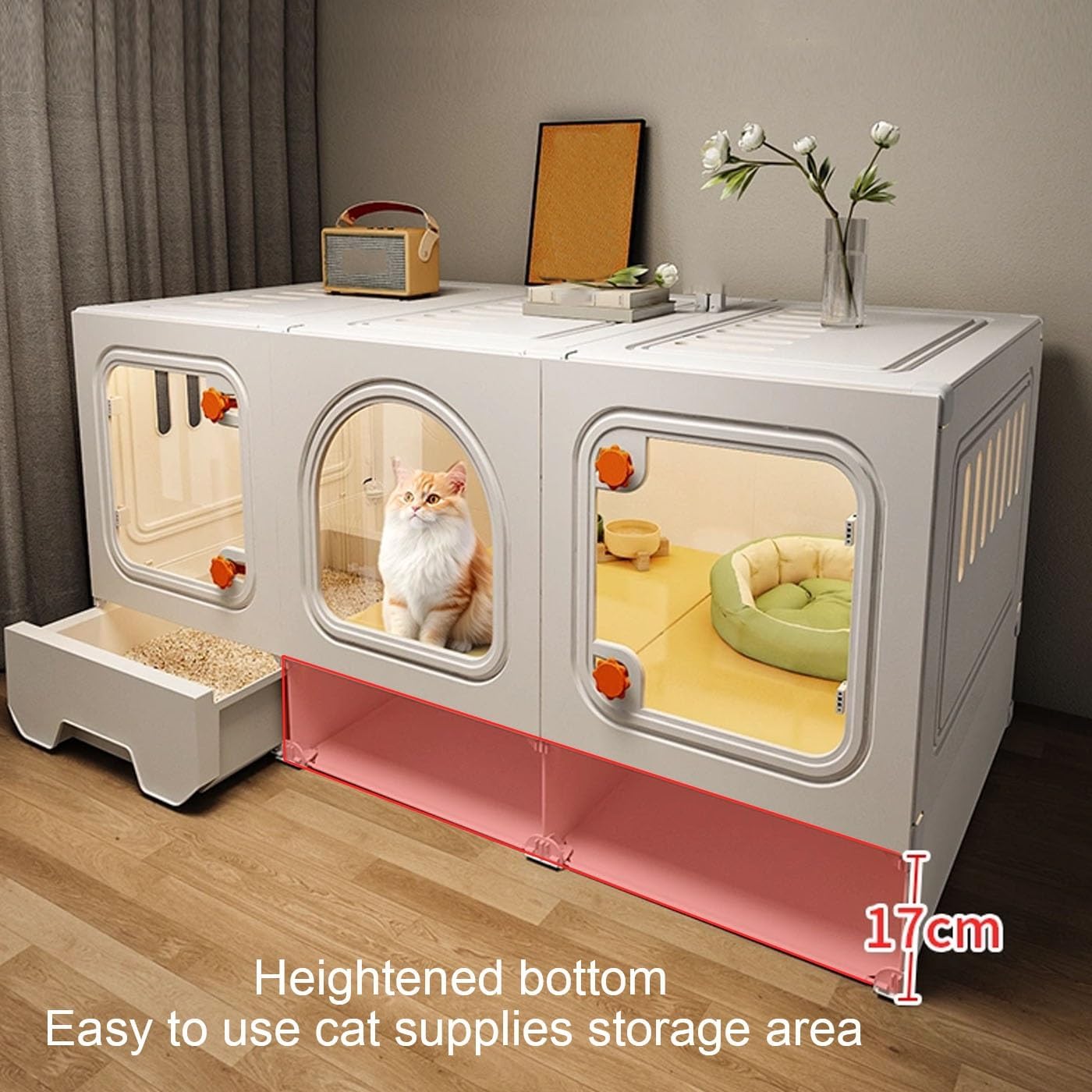 Indoor Cat Enclosure, Higher Bottom with Storage Area and Litter Box, Large, Can Wash with Water(70 * 45 * 88cm)