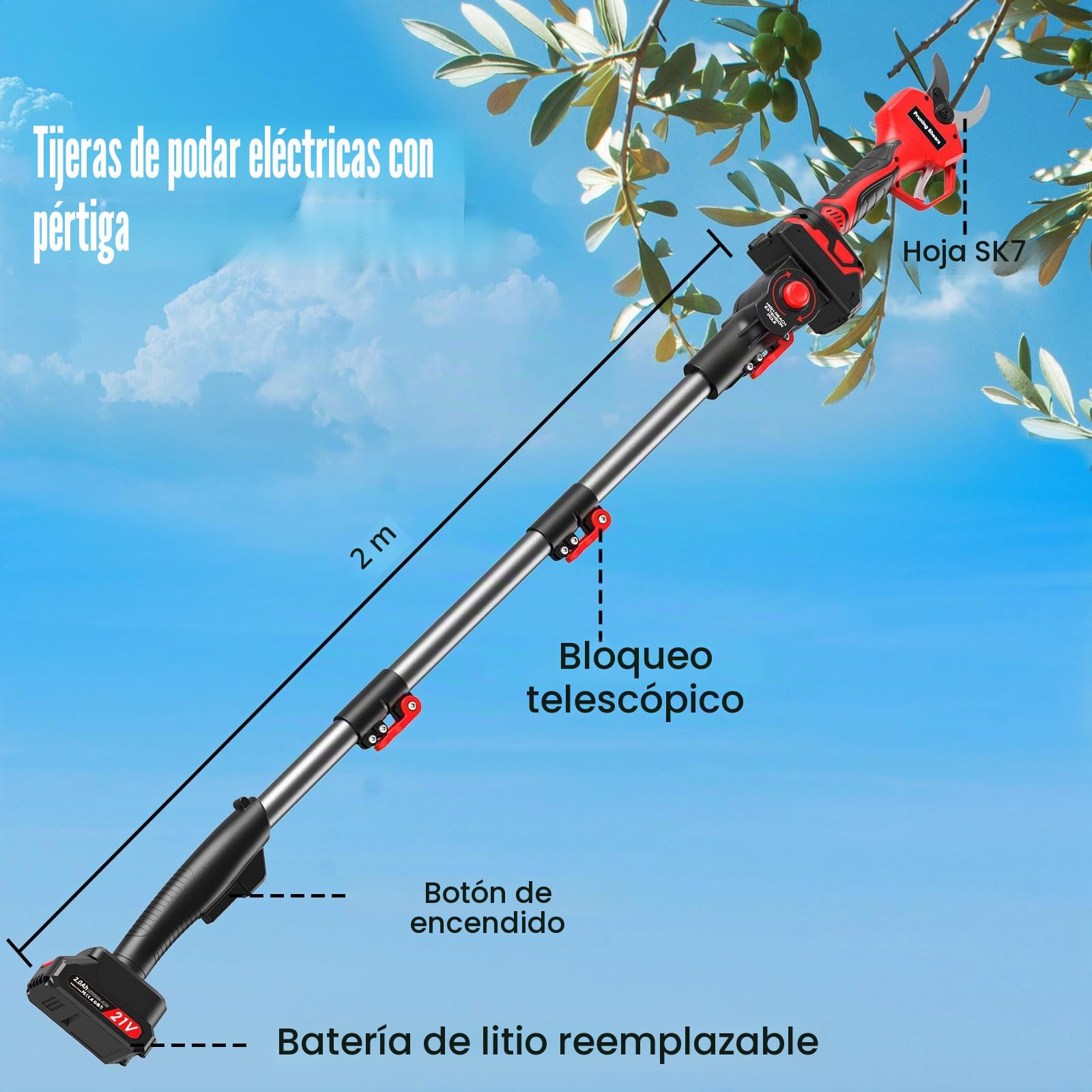 Marketo - Tijeras de podar eléctricas con palo de 2 m (6,56 ft), alcance total 4 m, con 800 W, motor sin escobillas & pantalla, 45 mm, podadora eléctrica inalámbrica con 2 x 2,0 Ah baterías para ramas