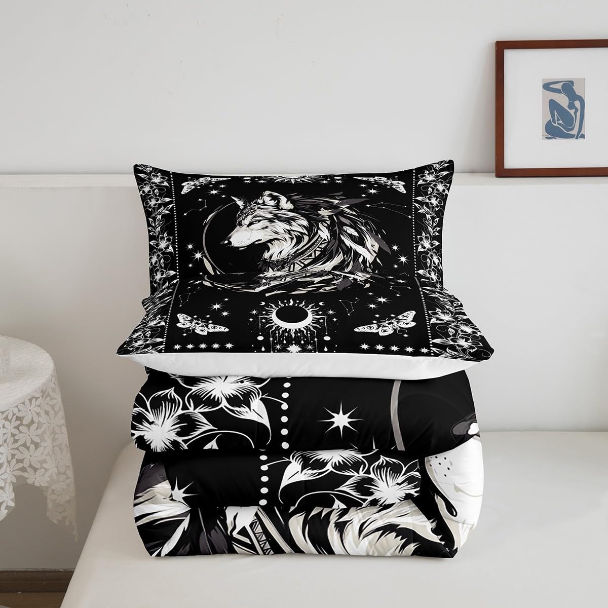 Castle Fairy Wild Wolf 3 Pcs Queen Size Comforter Set,Sun Moon Stars Galaxy Down Alternative Adults Bedroom Decor,Gothic Moth Animals Flower Ultra Soft Microfiber Inner Fill 3Pcs Bedding