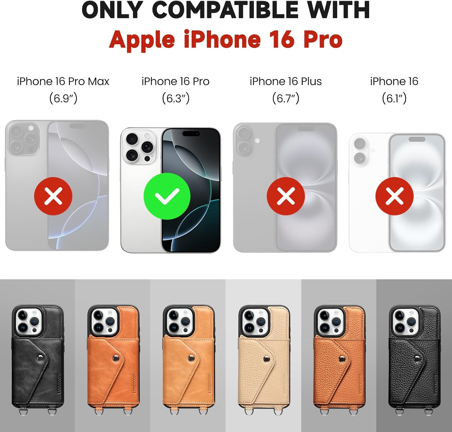 LUCKYCOIN Crossbody Wallet Phone Case for iPhone 16 Pro, Genuine Phone Case with Expandable Wallet Card Holder & Adjustable Removable Crossbody Strap, Phone Purse with Card Slot - Pebble Black - Image 7