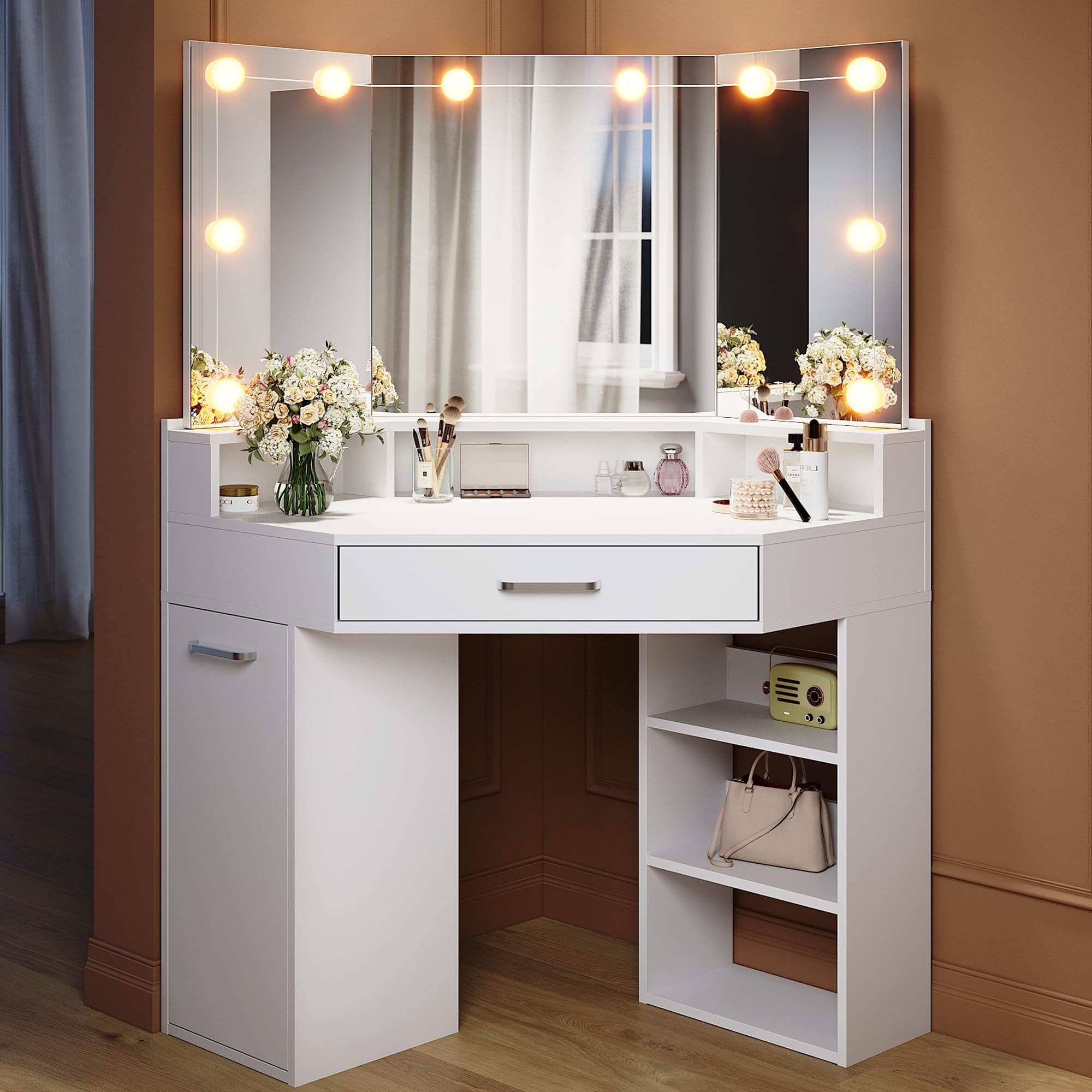 Tocador esquinero con espejo plegable, 110 x 54 x 141,5 cm, iluminación, 3 modos de luz, brillo ajustable, tocador con cajones y compartimento abierto, color blanco