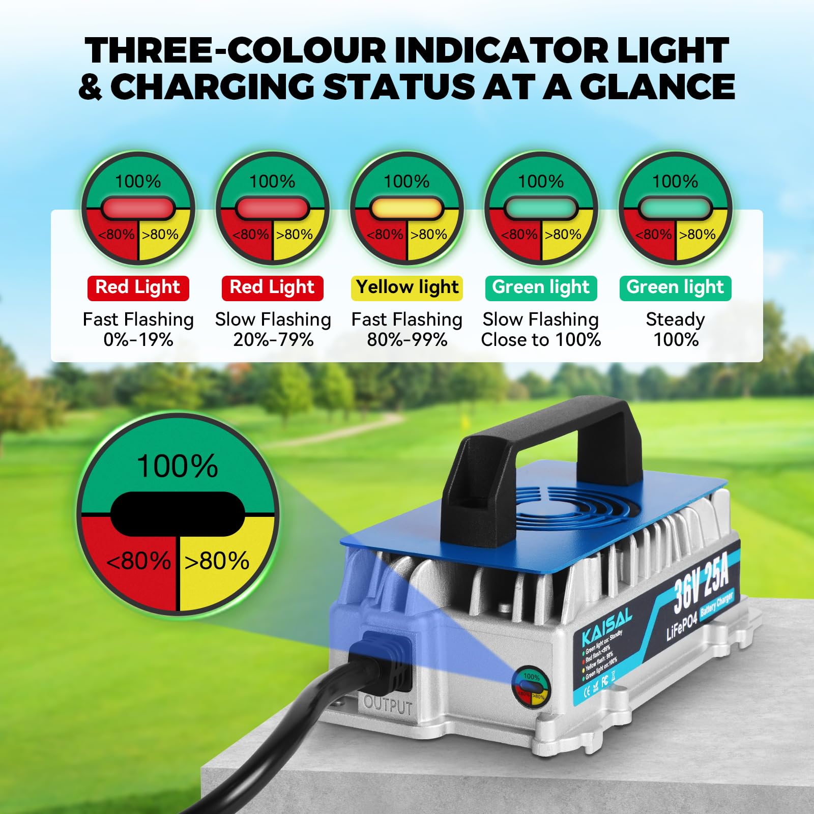 KAISAL Ładowarka LiFePO4 43,8 V 25 A, 36 V/38,4 V LiFePO4, inteligentna ładowarka do akumulatorów 36 V, wodoszczelność IP67, aktywowana bateria litowa 0 V, do wózków golfowych, łodzi, łodzi i