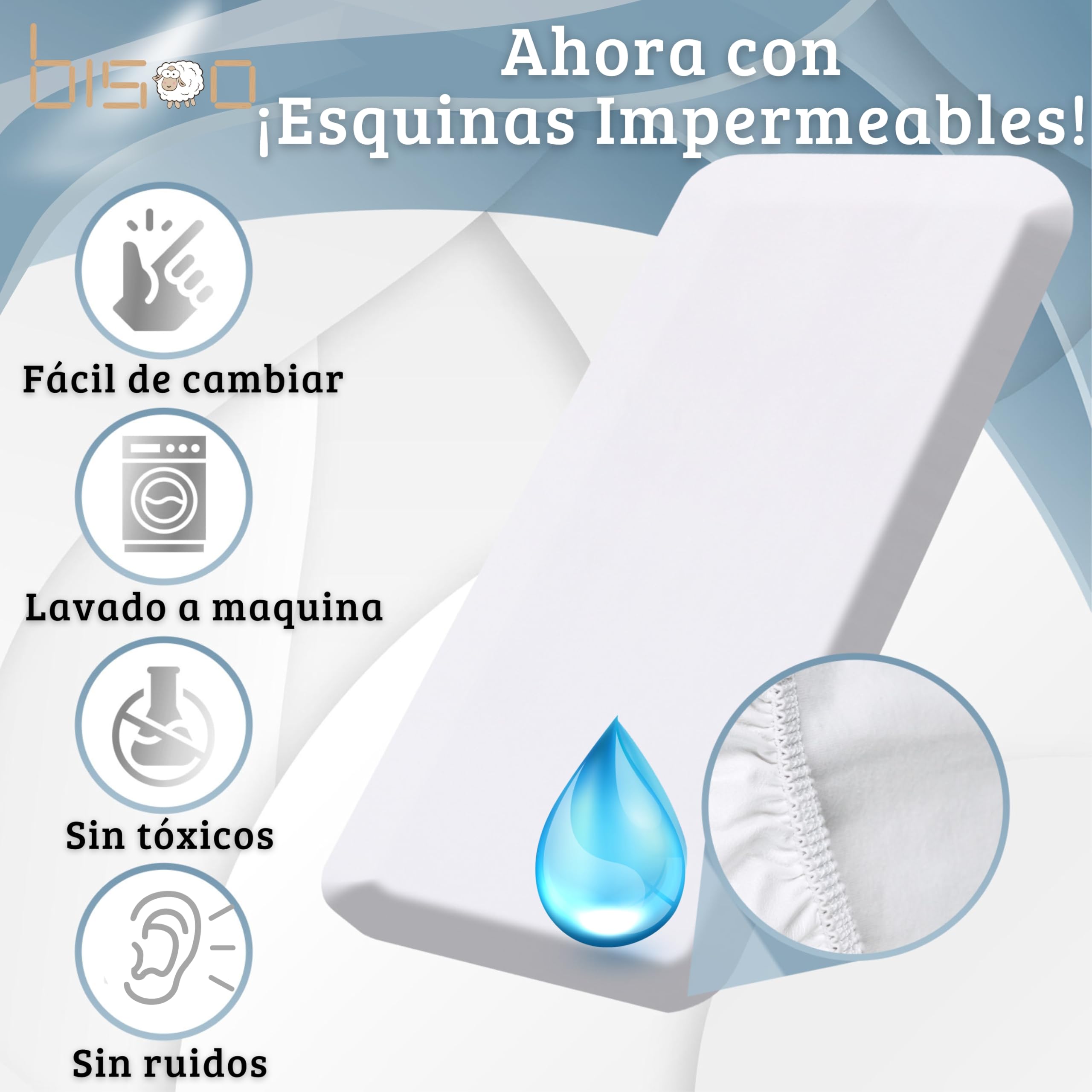 Bisoo Sábana Mágica para Cuna Bebe 60x125. Bajera de algodón Jersey Totalmente Impermeable y Transpirable. Ahórrate Comprar el Protector de Cuna aparte. Bordes generosos, Ajuste fácil (Blanco 125x60)