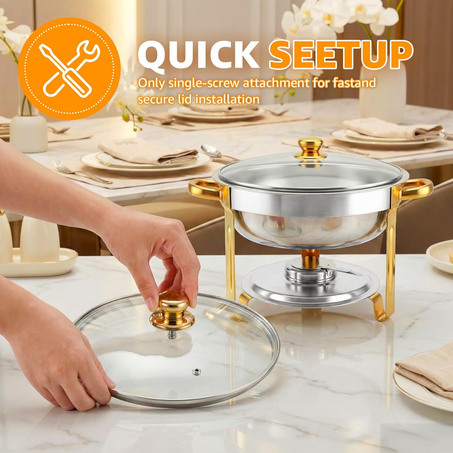 Chafing Dishes for Buffet，2PACK 4.5QT Round Chafing Dishes for Buffet, Gold and Silver Stainless Steel Chafing Dish Buffet Set with Glass Lid and Lid Holder for Home Parties, Gatherings,Wedding