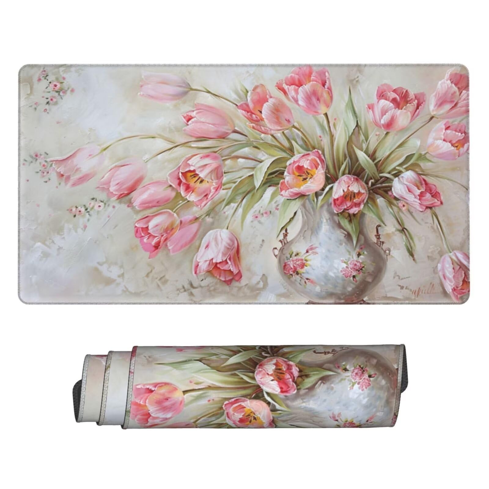 Alfombrilla de Ratón Gaming Grande XXL 1400x600x4mm con Bordes Cosidos, Tela de Micro Tejido, Base de Goma Antideslizante y Mouse Pad, para Teclado Escritorio, PC, Oficina Florero de Tulipanes Y6092