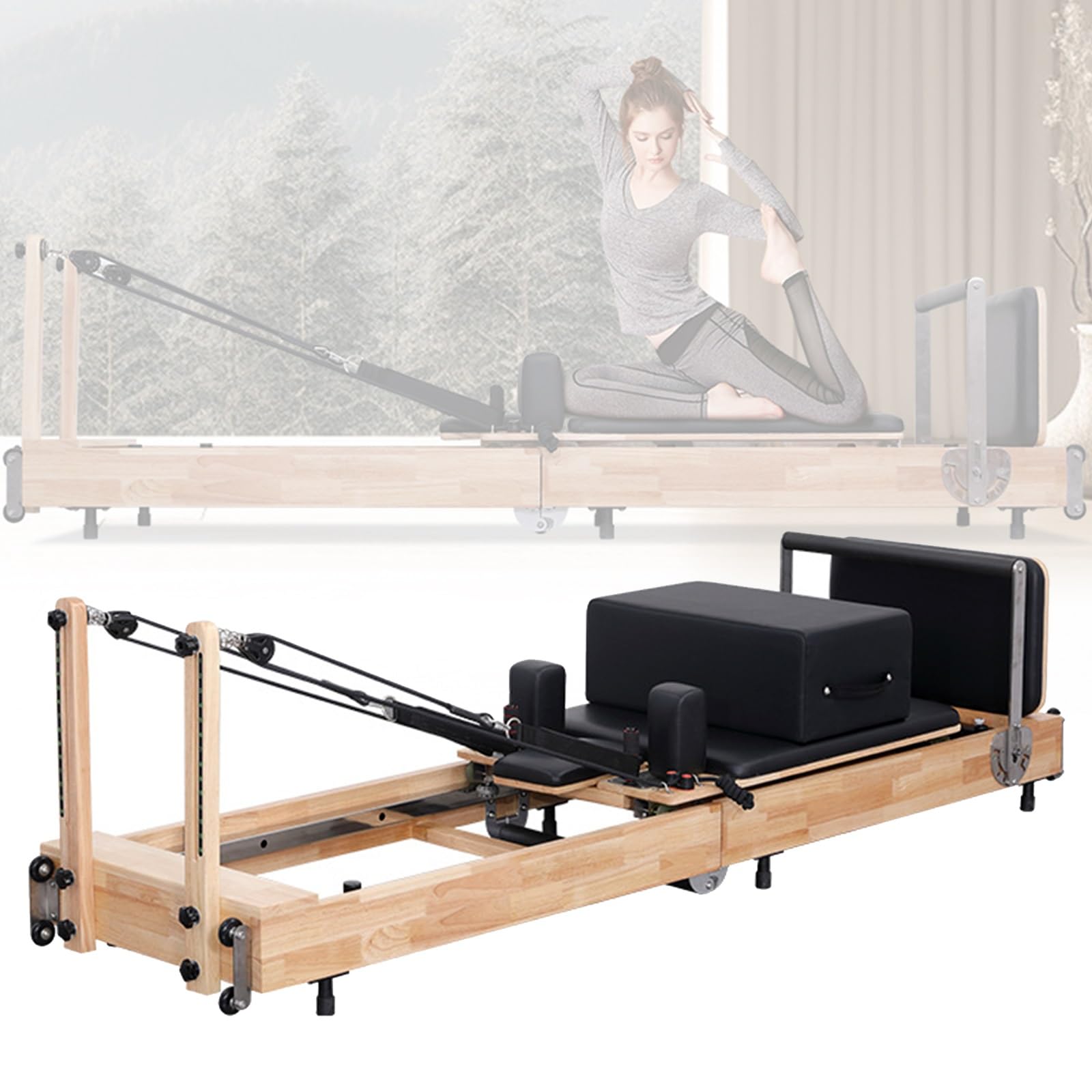 Foldable Pilates Reformer Compact Home Workout Machine Made of Maple 5 Springs Multiple Resistance Pilates Machine with Square Box