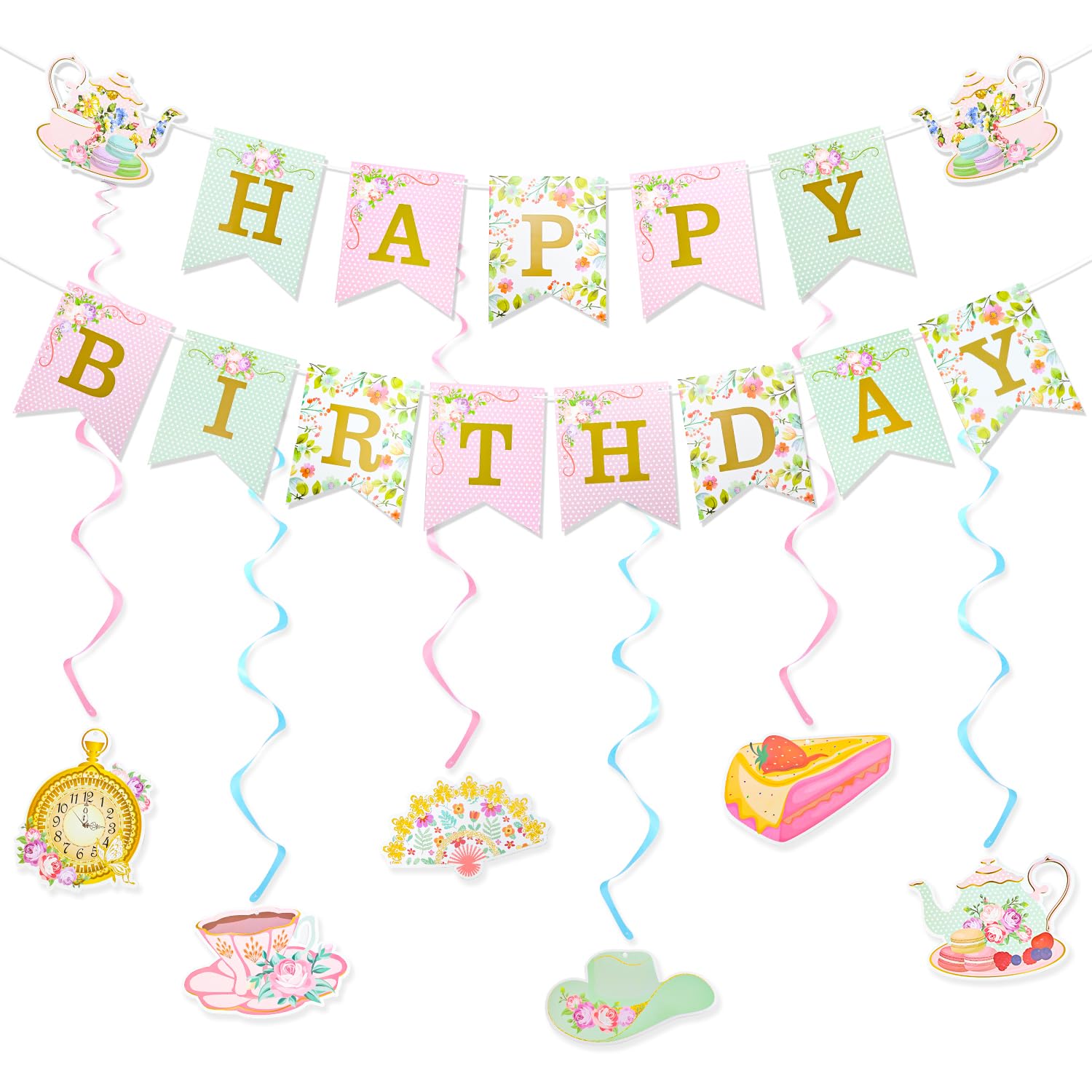 Tea Party Happy Birthday Banner with Hanging Swirls Decorations