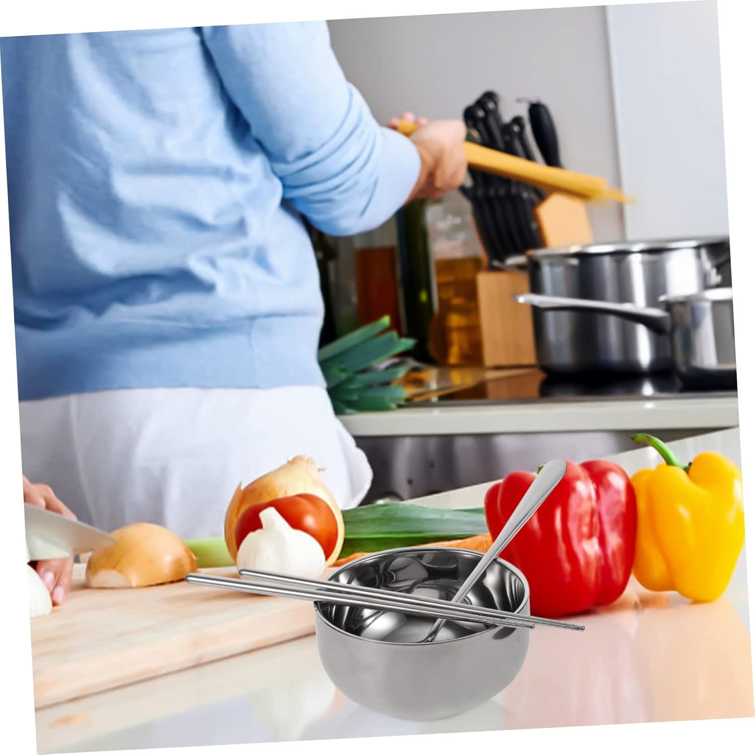 IMIKEYA Serving Bowl Set Stainless Steel Cutlery Spoons Chopsticks Portable Utensil Bag for Snacks and Foods