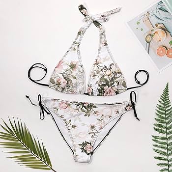 新品 タグ付き 未使用 花柄 ビキニ リゾート 海 プール ビキニ 水着 Lace Ladies 水着 ワンショルダー花柄ビキニ 水着2点セット