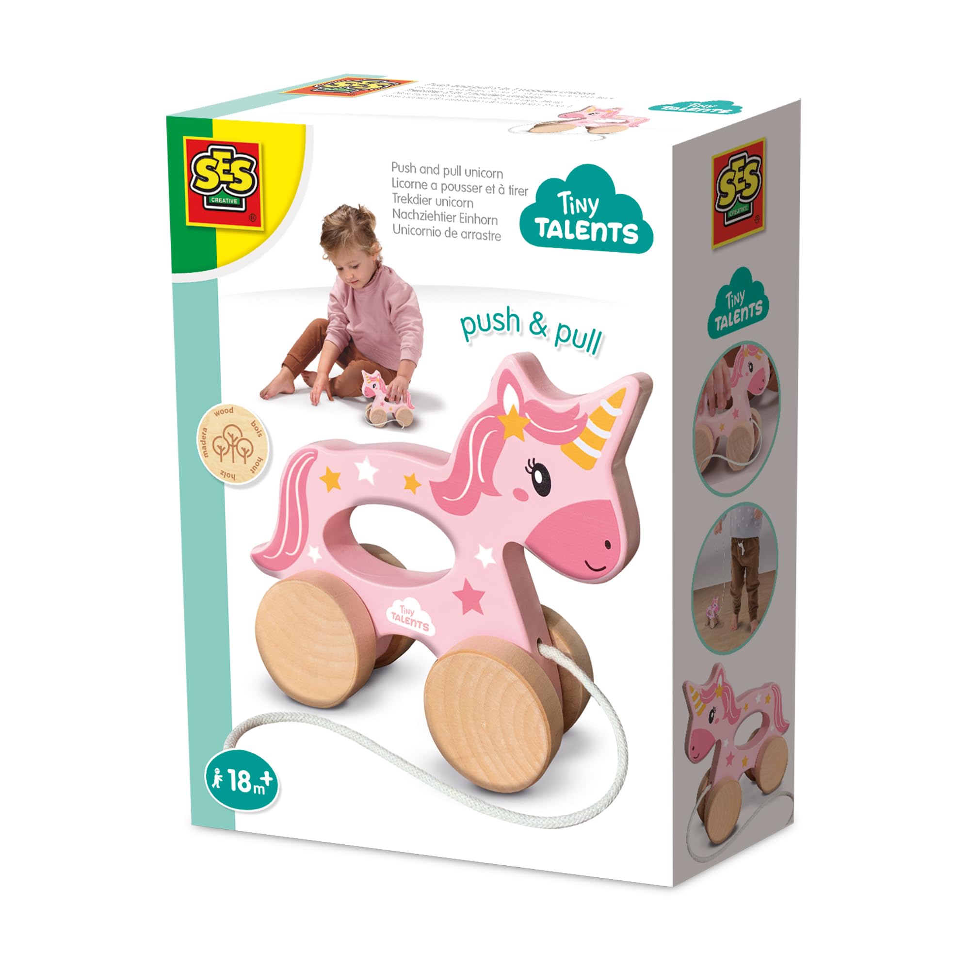 SES Creative 13137 - Push and pull 2 in 1 wooden unicorn, real wood, modern design, made for children 18 months and older