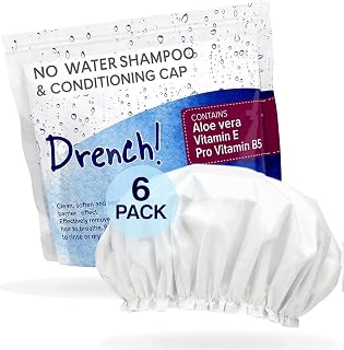 Drench! No Rinse Shampoo Caps - Waterless Shampoo and Conditioner Hair Wash Cap - Dry Hair Washing Aids with Aloe Vera and Vitamins - Pack of 6 Rinse Free No Water Shower Caps