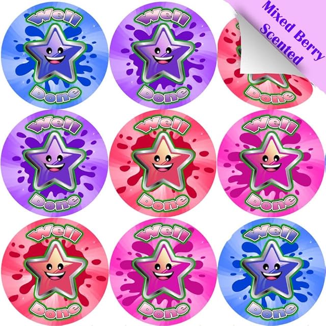 120 Mixed Berry Well Done 30mm Scented Reward Stickers for Teachers, Parents and Party Bags
