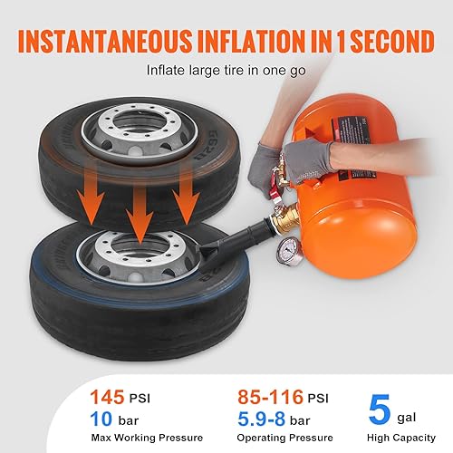 Miniatura 3 de VEVOR Asentador de Talón de Neumático, Inflador de Talón de Neumático de Aire de 5 Gal19L con Manómetro y Mango, Tanque Inflador de Herramienta de
