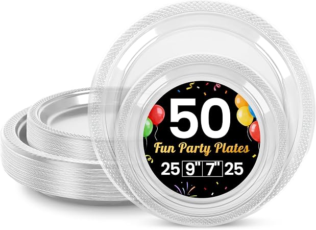 LANLISA 50 Pcs Clear Plastic Plates For Party, 25-9" &