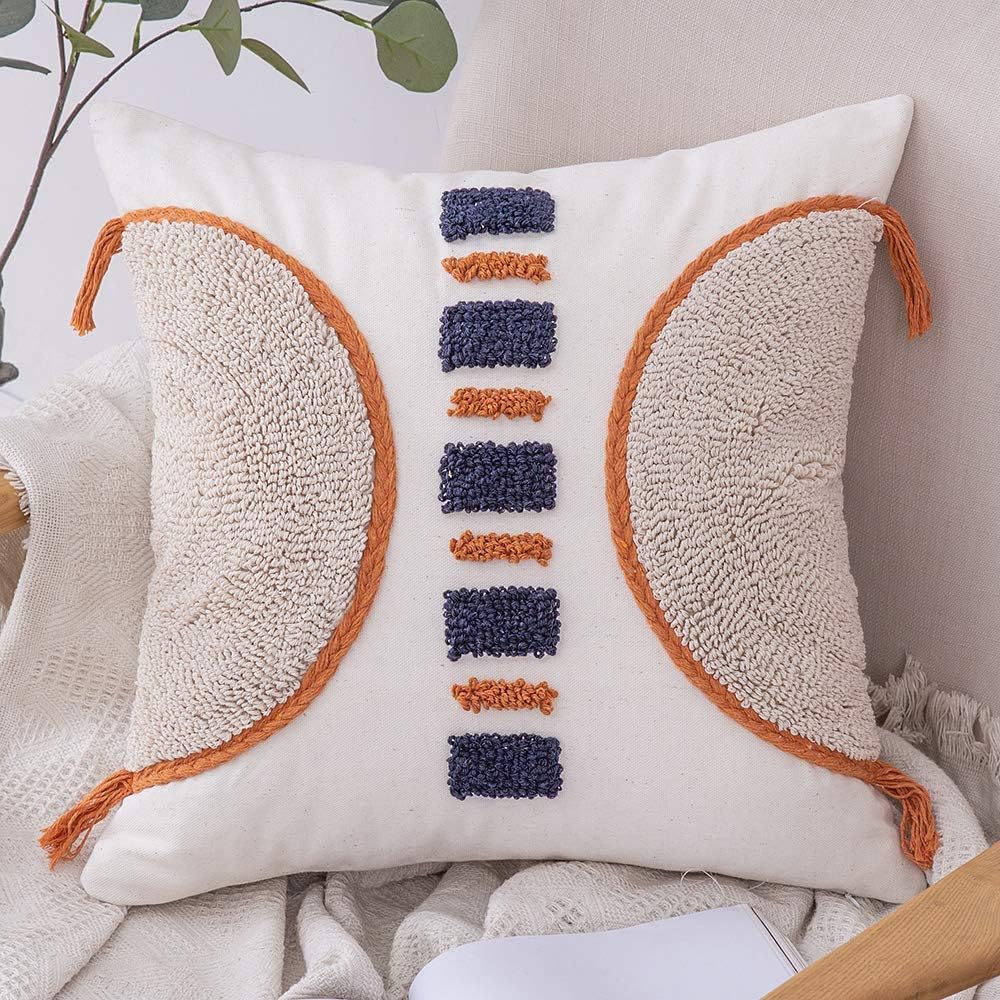 MIULEE Tufted Boho Throw Pillow Cover Decorative Morocco Tribal Handmade Pillowcase Woven Accent Cushion Case for Sofa Couch Bedroom 20x20 Inch, Orange