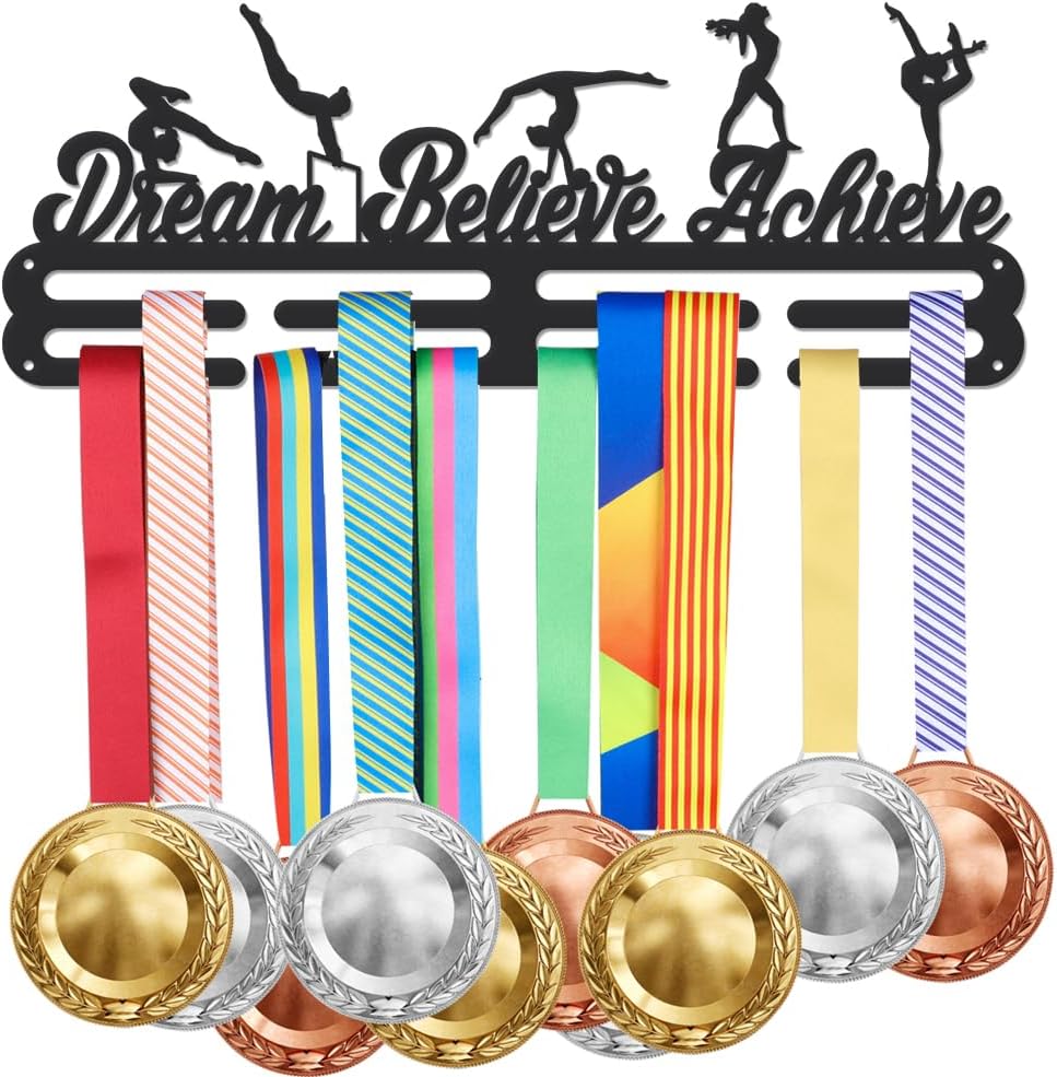 SUPERDANT Gymnastics Medal Hanger Dream Believe Achieve Medal Hooks Sports Medal Holder Iron Wall Mounted Bars Home Decor Awards Display Decoration for Bedroom Living Room Gift for Athletes 40x15cm