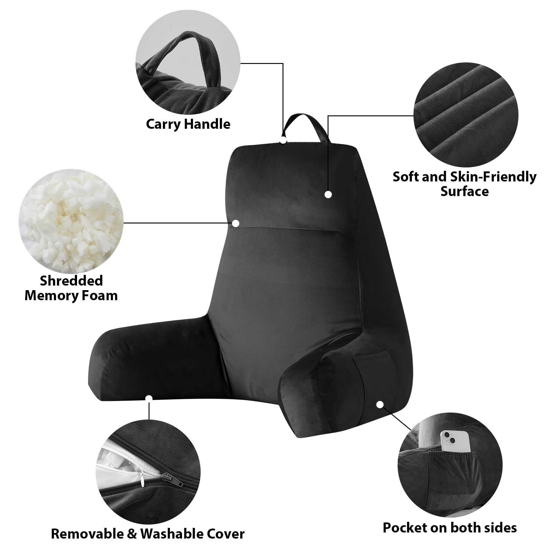 IPYNBAP Cuscino da lettura con braccioli, per adulti, per stare a letto e sedersi, in memory foam, con tasche e fodera rimovibile lavabile, per rilassarsi, guardare la TV, leggere (61 cm, nero)