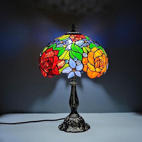 Miniatura 4 de Tiffany Style Stained Glass Table Lamp, Floral Pattern Desk Light with Antique Bronze Resin Base, Red Roses Decorative Lighting for Bedroom, Living
