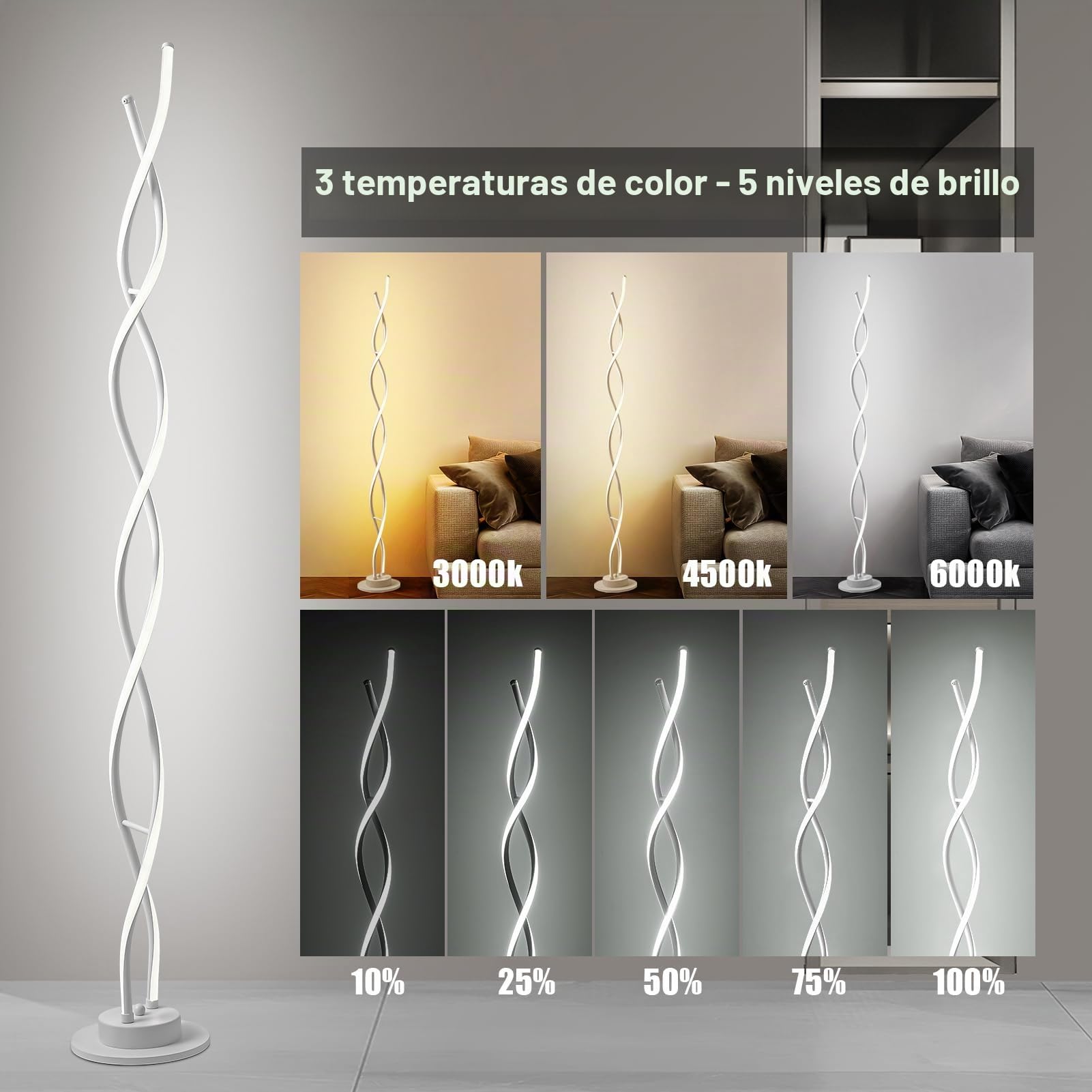 Lampara de pie, Lampara de pie salon LED, Lamparas de pie para salon con 3 temperaturas de color y 5 niveles de brillo, 145CM Lámpara de pie Blanco para Salón con Mando a Distancia.