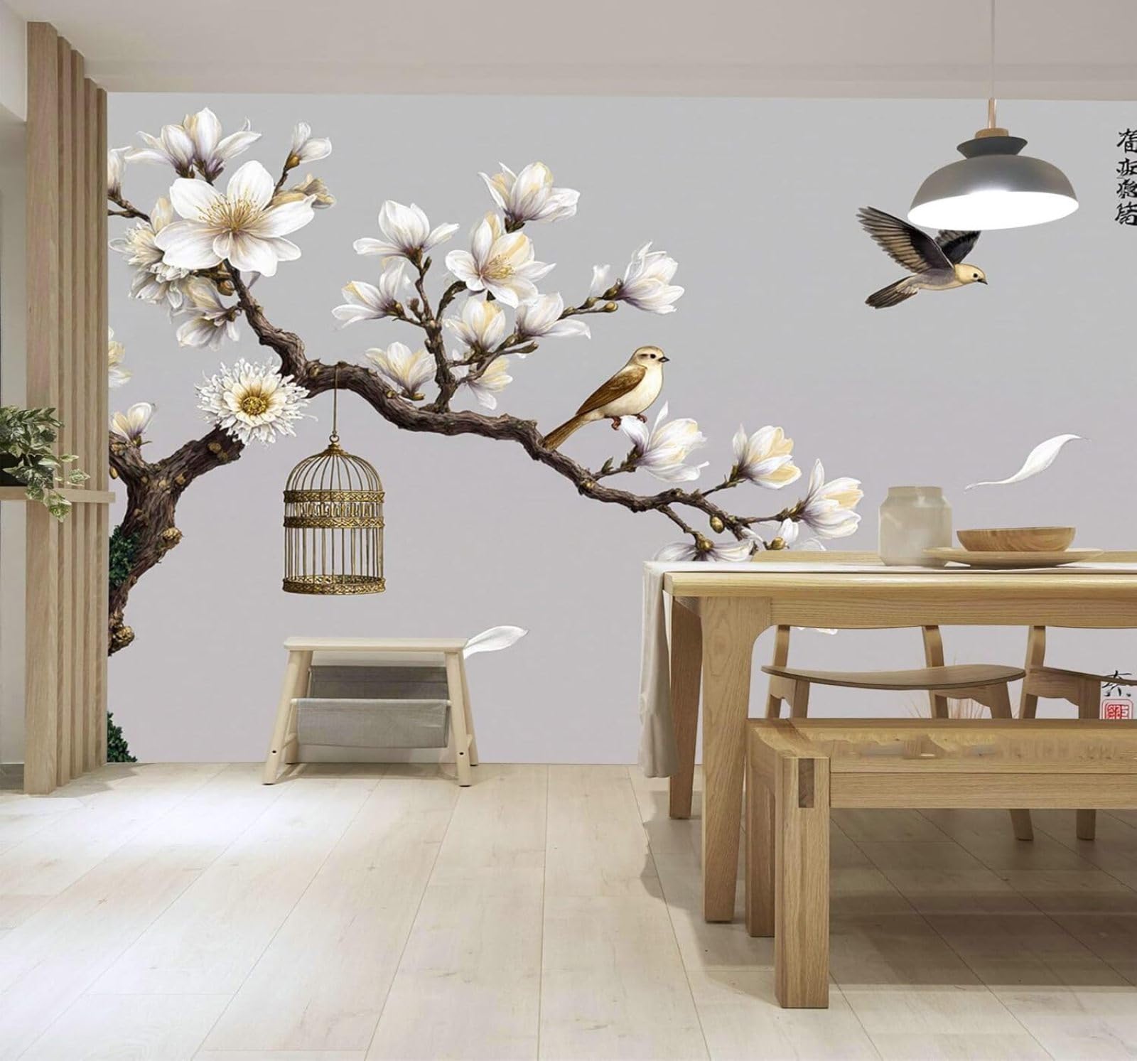 XLMING Minimalist Magnolia Flowers Branches Birds Vintage Birdcage 3D Wallpaper Silky Texture Home Study Office Grey Dining Room Sofa Bedroom Living Room TV Backdrop-250cm×170cm