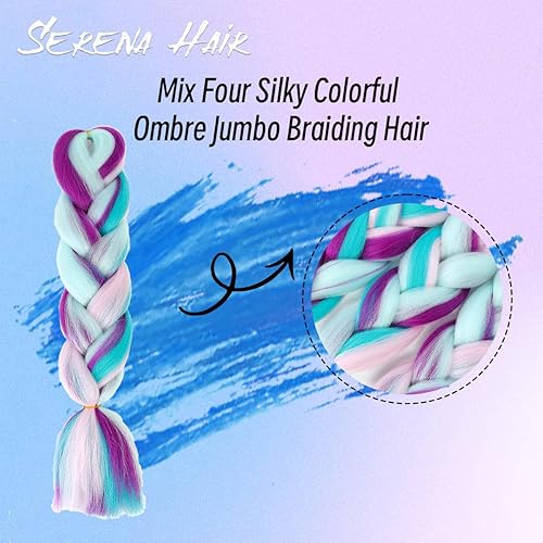 Miniatura 4 de Cabello trenzado de mezcla de fibras sintéticas sedosas, tamaño jumbo, colores de arcoíris azul, morado claro y rosa, extensiones de cabello