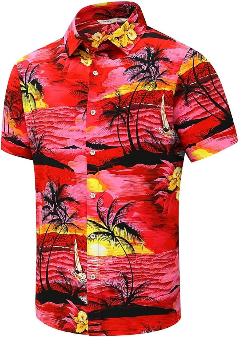 SheLucki Hawaiian Shirt for Men, Unisex Summer Beach Casual Short Sleeve Button Down Shirts, Printed Palmshadow Clothing Palm Tree Red S
