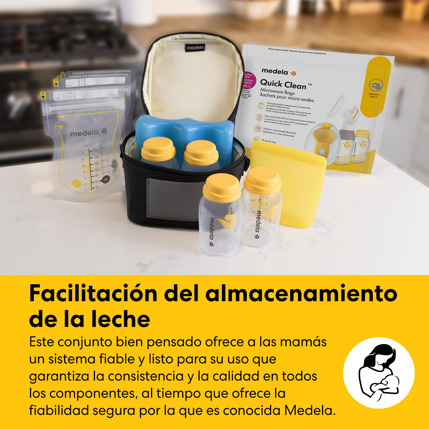 Medela kit todo en uno para almacenamiento de leche materna con biberones de 150 ml, Easy Pour y reutilizables, bolsa para microondas Quick Clean y nevera portátil con placa de refrigeración moldeada