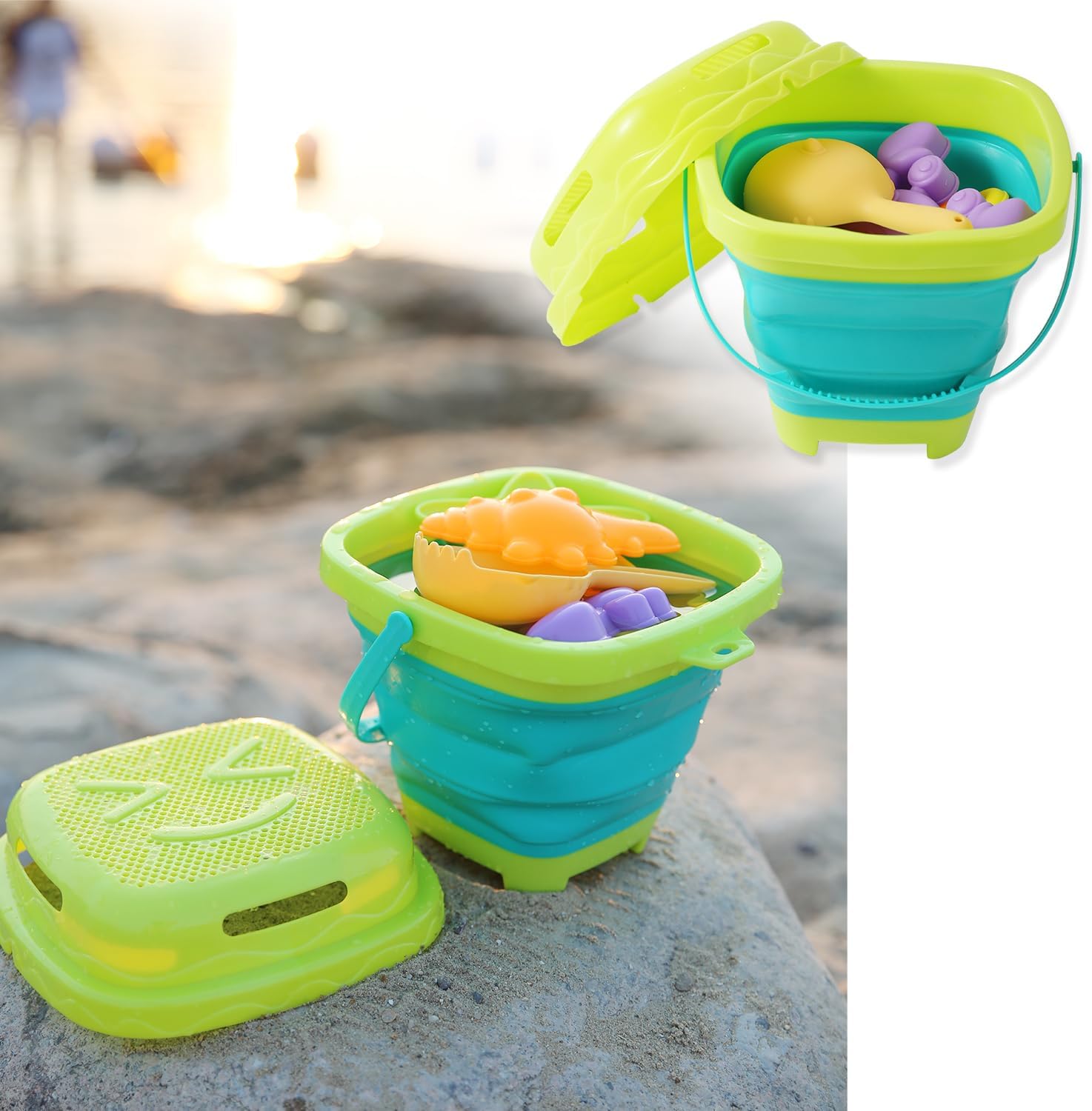 8 PCS Kids Foldable Pail Seabeach Sand Toys Sensory Playset, Portable Sandbox Digging Toys Including Bucket, Shovel, Spoon, 2 in 1 Shell Shark Teeth Sifter & Castle Building Sand Mold Kit for Children