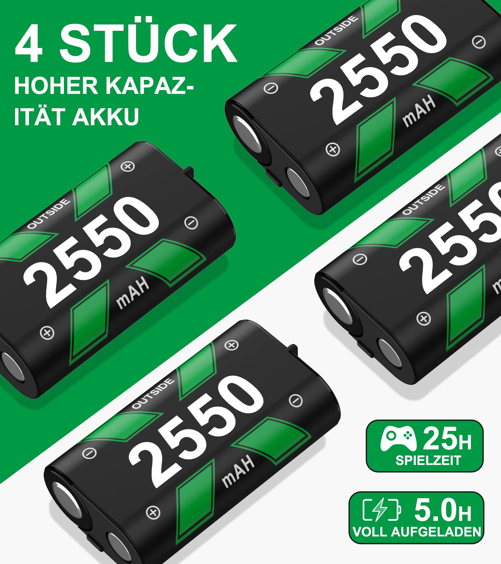 Akku für Xbox One/Series X&S Controller, 4 Stück 2550mAh Akku (2x6120mWh) Hoher Kapazität Batterien, NI-MH Akku Kompatibel mit Xbox Series X&S/Xbox One S/Xbox One X/Xbox One Elite/Xbox One Controller