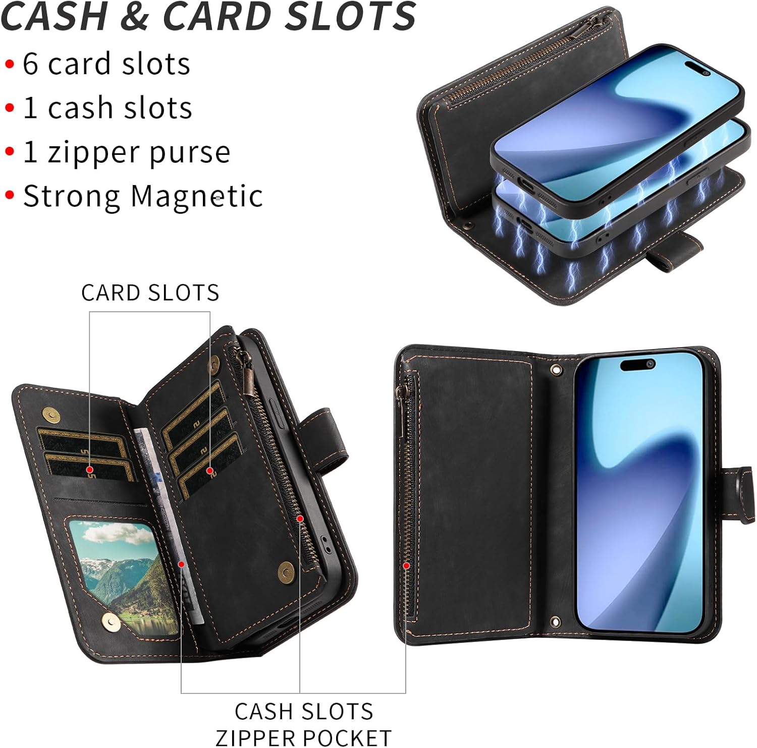 Phone Case for iPhone 17 Air 6.5 inch Zipper Wallet Magnetic Detachable Cell Cover with Screen Protector Crossbody Lanyard Strap Flip Card Holder Slot i Phone17 i17 17Air Women Men Girls Black