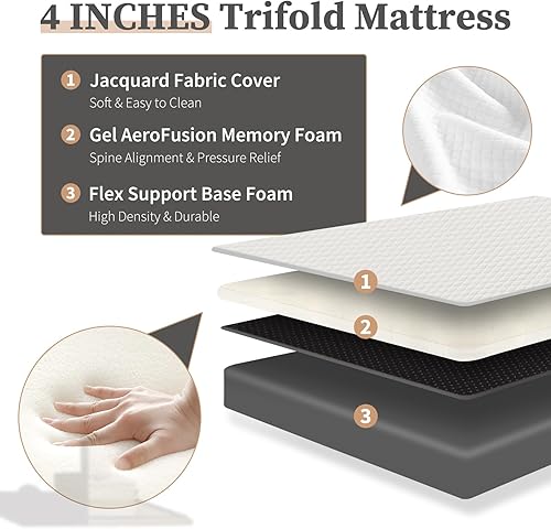 Miniatura 3 de DUMOS Colchón de espuma viscoelástica de triple pliegue, cama portátil de 4 pulgadas, tapete plegable para niños y adultos, funda plegable y lavable