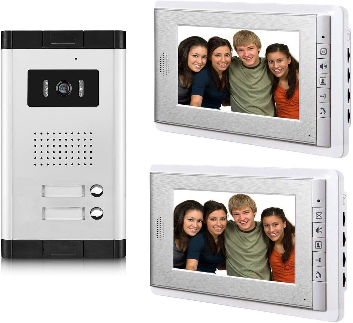AMOCAM 2 Units Apartment Video Intercom System, 7 Inch Monitor Wired Video Doorbell Door Phone Kits, Indoor Outdoor IR Camera, Monitoring, Unlock, 2 Way Intercom for Home Apartment