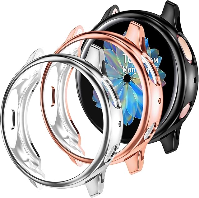 Dirrelo Compatible with Samsung Galaxy Watch Active 2 Screen Protector 40mm, 3 Pack Soft All-Around Anti-Scratch Bumper Protective TPU Case for Samsung Galaxy Watch Active 2, Black+Silver+Rose Gold