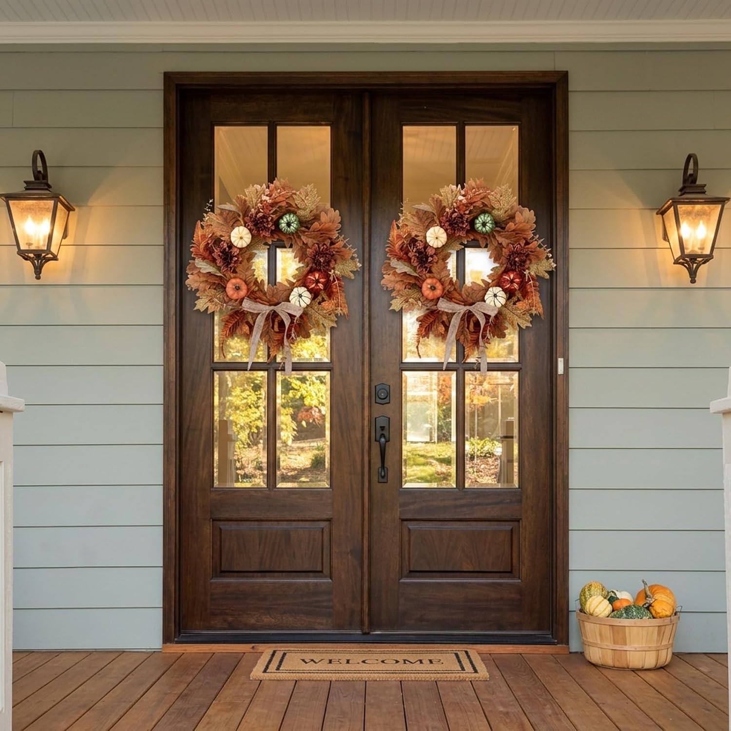 24 inch Fall Wreath for Front Door- Fall Pumpkins Leaves Autumn Wreaths for Front Door, Thanksgiving Fall Porch Decor, Home Holiday Decorations for Outside