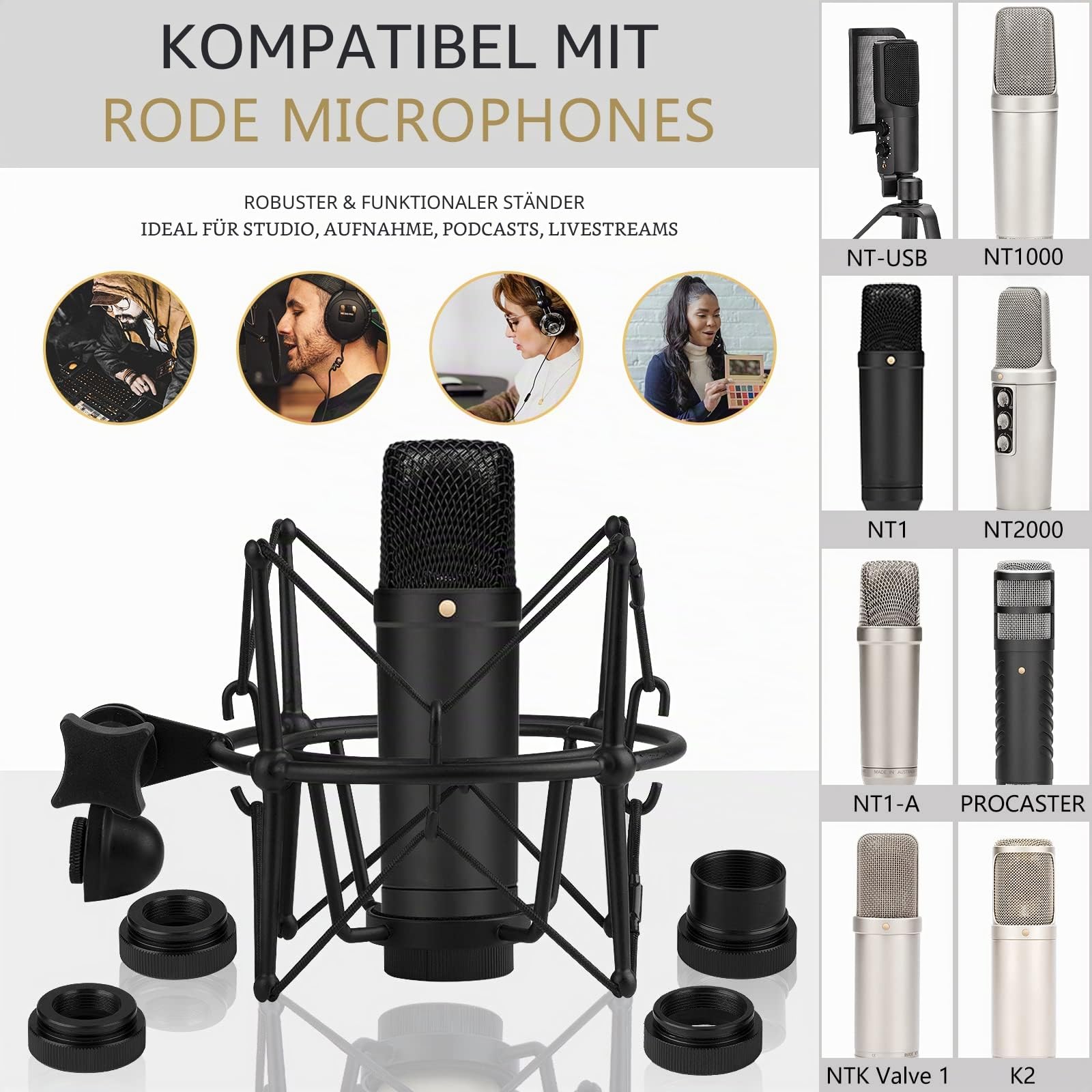 Geekria For Creators Mikrofon-Stoßdämpferhalterung, kompatibel mit Rode NT-USB, NT1-A, NT2-A, NT1000, NT2000, Procaster, K2, Mikrofon-Anti-Vibrations-Adapter, Mikrofonhalter-Clip (Schwarz/Metall)