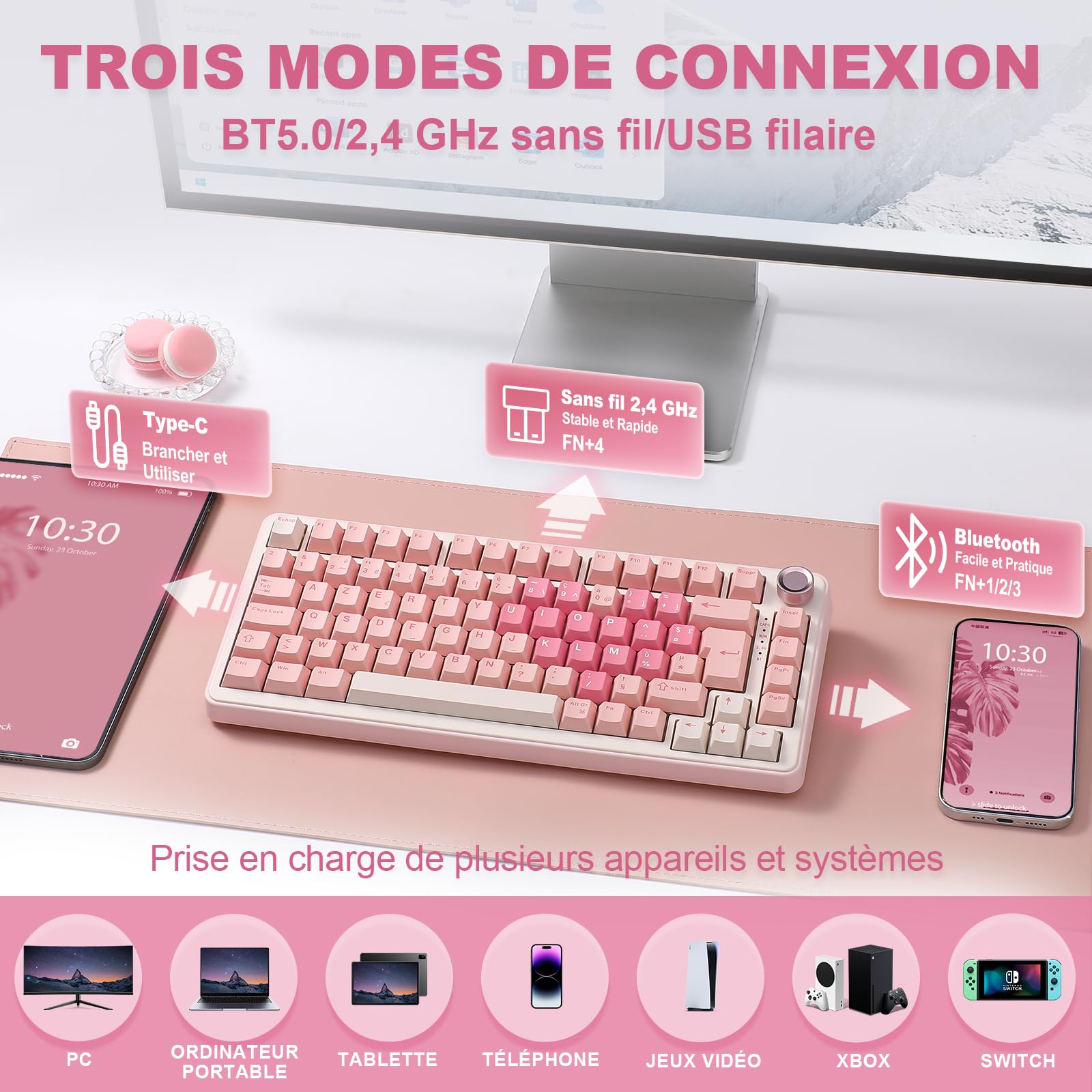 YUNZII B75 PRO Tastiera Meccanica Wireless, 75% Layout FR AZERTY, Tastiera da Gioco con Struttura Gasket, Hot-swap e Manopola, RGB, Connettività BT/USB-C / 2.4G (Rosa, Cocoa Cream V2 Switch)