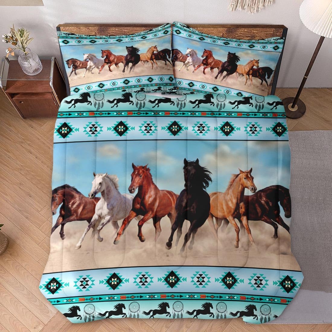 Full Size Comforter Set with 2 Pillowcases, Horses Desert Animal 3 Pcs Bedding for Kids and Adults, Tribal Farm Sunset Run Soft Comforter Set for Bedroom Bed Decor - Image 2