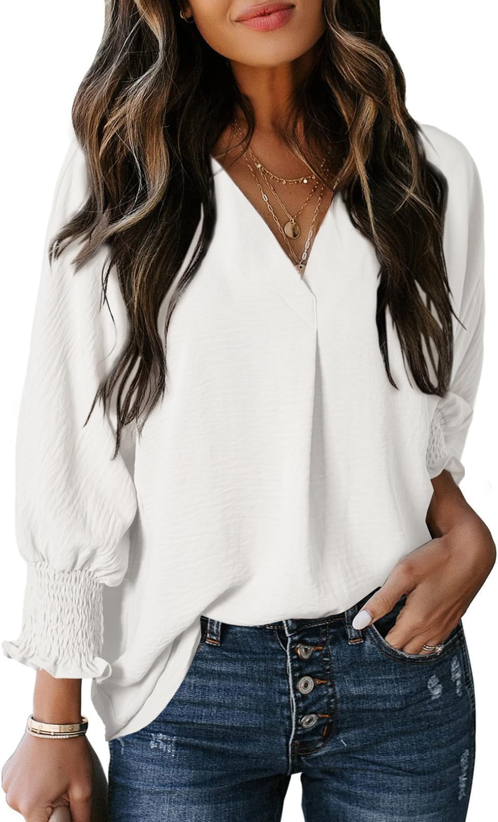 Women Puff Sleeve Tops Casual V Neck Shirts Loose Fit Tunic Trendy Solid Color Ruffle Sleeve Blouse