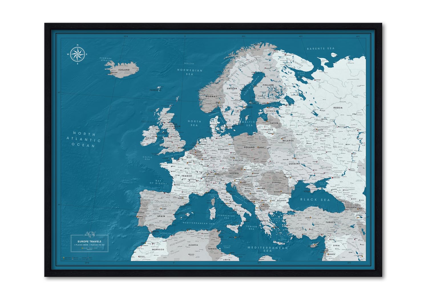 Framed Europe Map Wall Art with Pins | Personalised Push Pin Travel Map of Europe to Mark Your Trips, 100 Pins (All Ports, 80 x 60 cm)