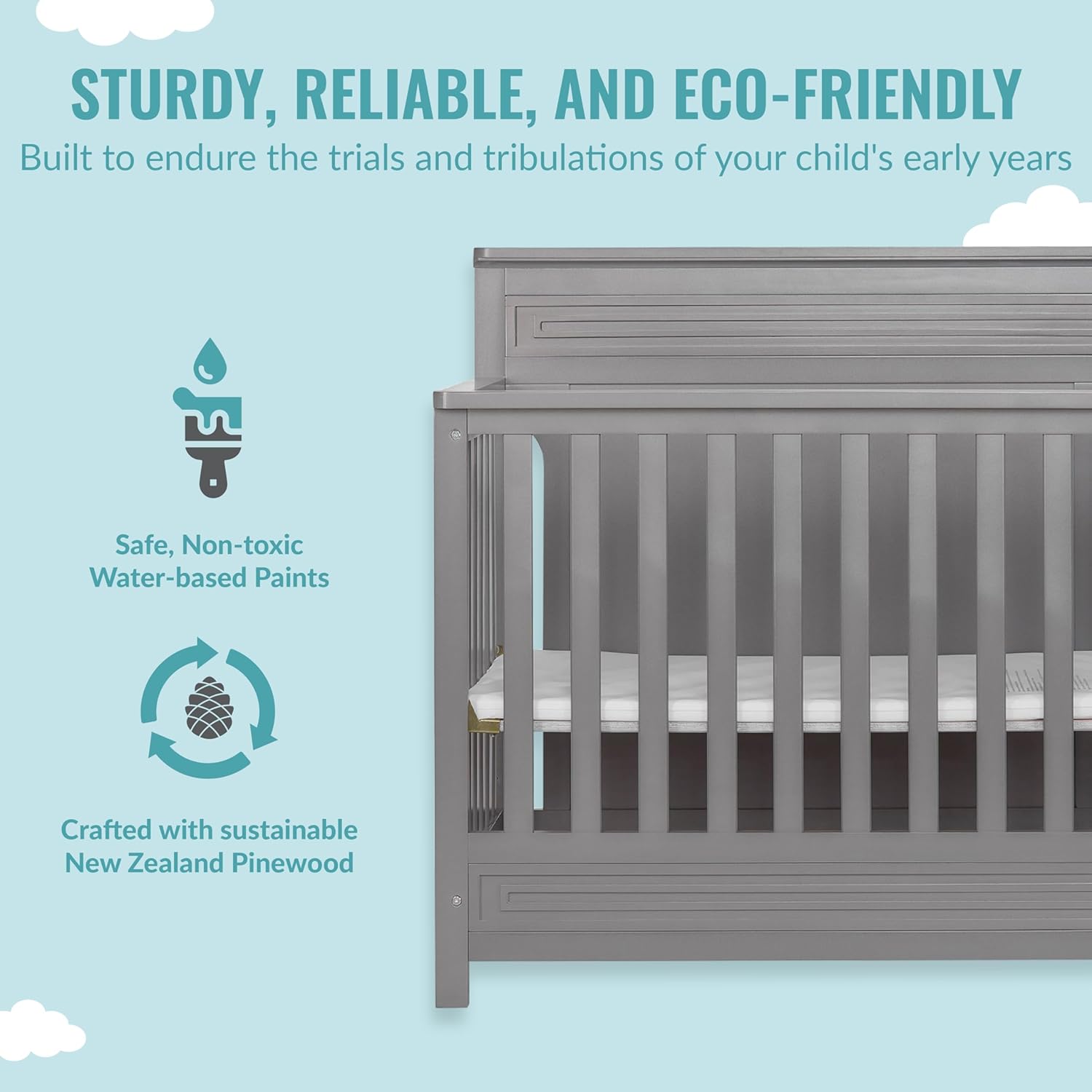 Dream On Me Harbor 4‑in‑1 Convertible Mini Full‑Panel Compact Design Baby Crib in Steel Grey, GreenGuard Gold & BSA, Non-Toxic, Sustainable Pinewood, Converts to Mini & Twin Bed, 1″ Mattress Pad