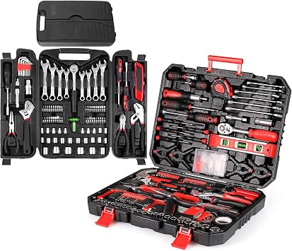 TLGREEN 95 Piece Tool Set+198 Piece Tool Box, Tool Kit, Mechanics Tool Set, Portable Toolbox with Adjustable Wrench Pliers Socket Bits, with Plastic Toolbox, for House Apartment Garage Red