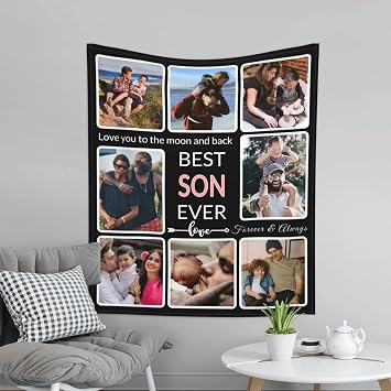 SHIYEL Gifts for Son Custom Tapestry Upload Image Customized Photo Picture Wall Hanging Backdrop as Wall Art, Personalized To My Son Birthday Memories Souvenir Tapestry for Best Son Ever, 8 Collage