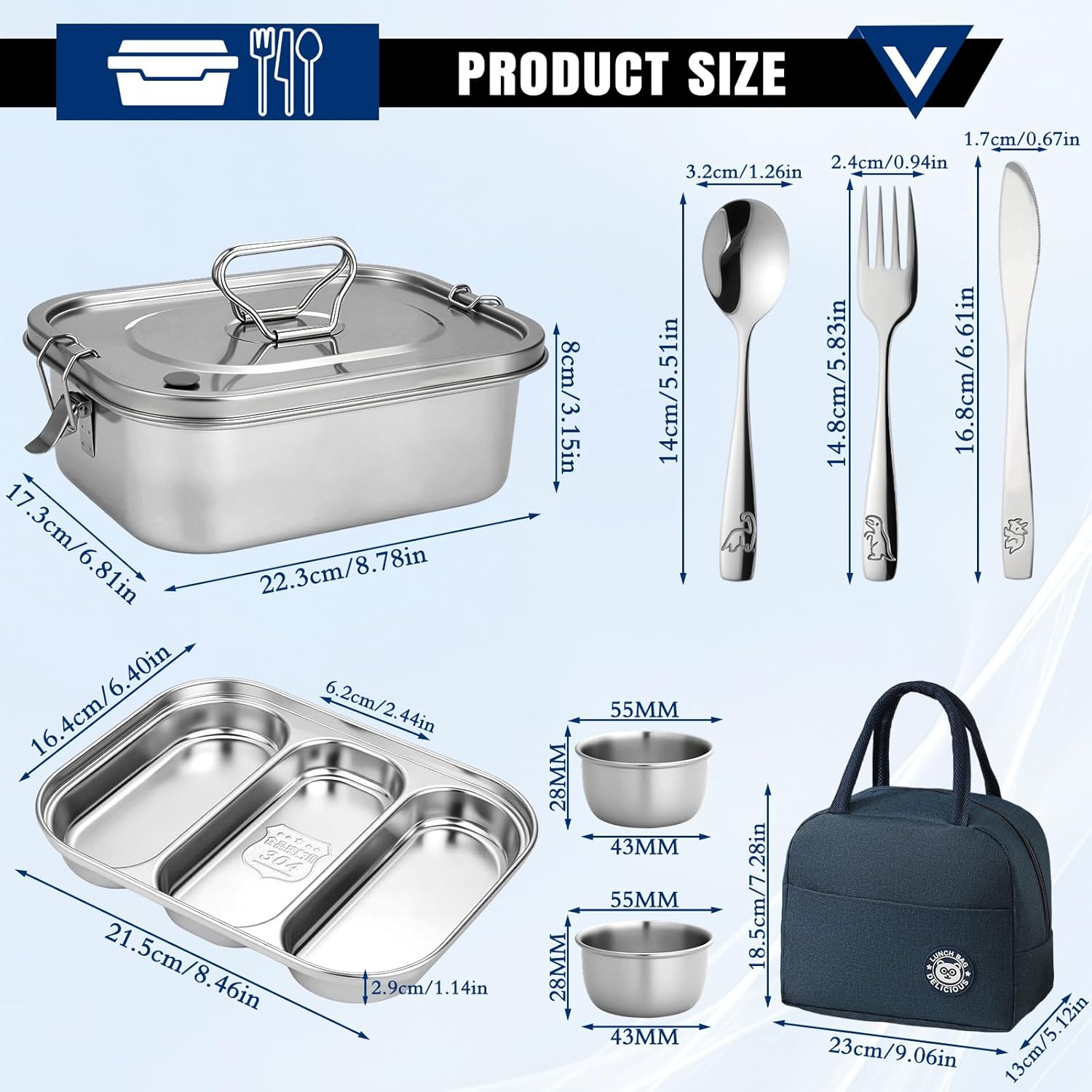 Stainless Steel Lunch Box Leakproof 3-Compartment Tray, 1800ml Stainless Steel Bento Box with Utensil Set, Sauce Cups and Lunch Bag, Dishwasher-Safe Snack Box for Work, Office, Travel, Picnic - Image 2