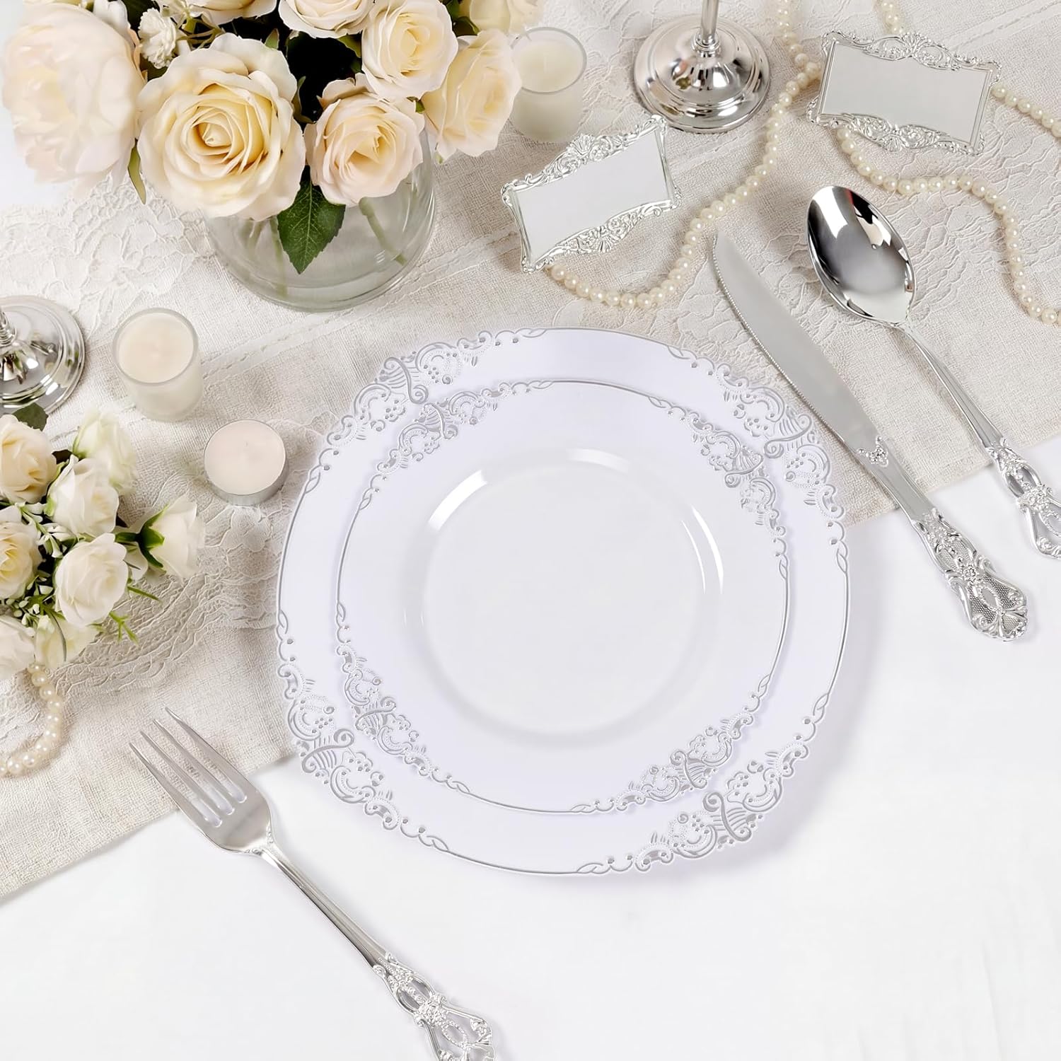 102PCS White and Silver Plastic Plates - Heavyweight Silver Plate - Wedding Plate with Silver Rim - Fancy Dinner & Dessert Plates for 51 Guests Weddings & Parties - Image 5