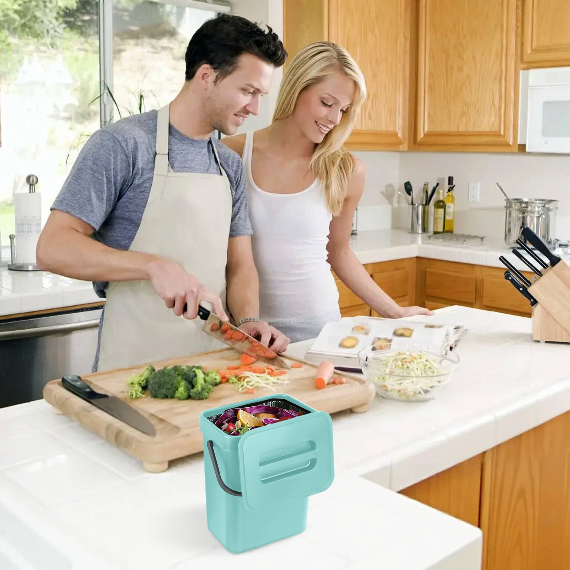 Secchio da Compost da Cucina Piccolo Bidone della Spazzatura Sospeso con Coperchio 3L Secchio di Rifiuti Organici per Cucina Blu
